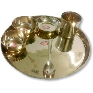                       Zoltamulata 100 Pure Kansa Kansi Bronze (Pewter) Dinner Set Thali Katori Glass Spoon Plate Dish Lunch Set                                              