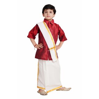                      Kaku Fancy Dresses Indian State Bengali Dance Costume for Kids -White, For Boys                                              