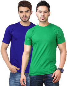 Ketex Men's Blue and Green Round Neck Plain Polyester Blended T-shirt (Pack of Two)