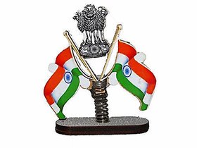 Indian Flag in Pair with Satyamev Jayate Symbol in Triangle Shape Stand for All Car Desk  Office Table Decoration