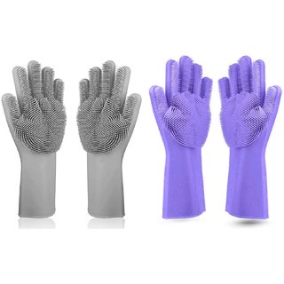                       Alciono Magic Dishwashing Gloves with Scrubber (2 Pair - 1 Grey 1 Purple) Silicone Cleaning Reusable Scrub Gloves                                              