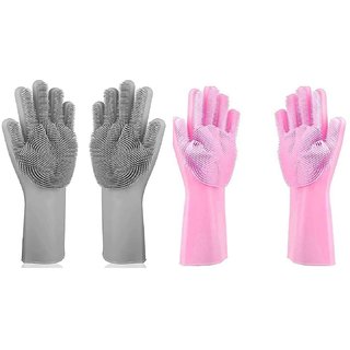                       Alciono Magic Dishwashing Gloves with Srubber (14 Large) (2 Pair - 1 Grey + 1 Pink) Silicone Cleaning Reusable Gloves                                              