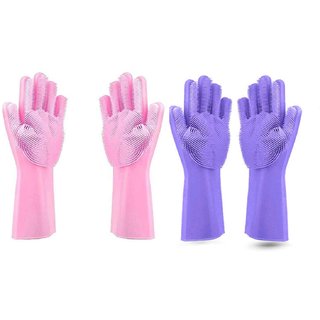                       Alciono Magic Dishwashing Gloves with Scrubber (14 Large) (2 Pair - 1 Pink  1 Purple) Silicone Cleaning Reusable Glove                                              