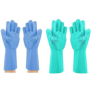                       Alciono Magic Dishwashing Gloves with Scrubber (14 Large) (2 Pair -1 Blue  1 Green) Silicone Cleaning Reusable Gloves                                              