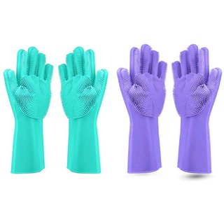                      Alciono Magic Dishwashing Gloves with Scrubber (14 Large) (2 Pair -1 Green  1 Purple) Silicone Cleaning Reusable Glove                                              