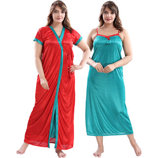 Be You Solid Women Satin Nighty with Robe Red Turquoise Free Size