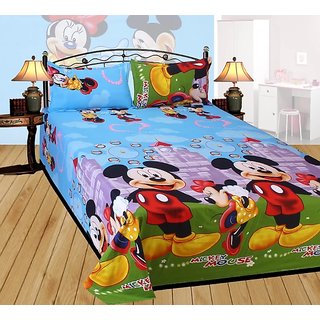 HomeStore-YEP 144 TC 3D Printed Poly Cotton Double Bedsheet with 2 Pillow Covers (Multicolour, 90 x 90 Inch) Blue Micky