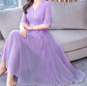 Raabta Fashion Women'S Purple Plain Georgette Round Neck Maxi Dress