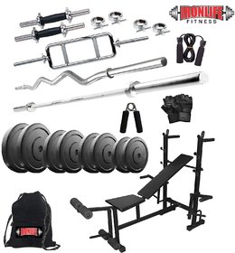 Sporto Fitness Rubber 30 Kg Home Gym Set with One 3 Ft Curl+One 5 Ft Plain Rod and One Pair DRods Comes with 8 IN 1Bench