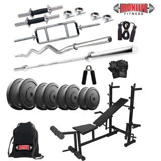                       Ironlife Fitness  Rubber 30 Kg Home Gym Set with 3 Ft Curl+ 5 Ft Plain Rod and One Pair DRods Comes with 8 IN 1Bench                                              