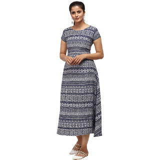 Saadhvi Navy Blue And Beige Crepe Animal Print Stitched Dress