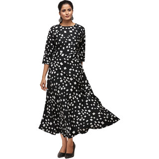Today Deal Black Crepe Block Print Stitched Dress