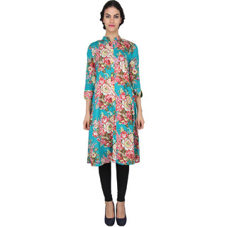                       Eight.Eight Turquoise Cotton 3/4th Sleeve Floral Print Calf Length Collared Women Kurti                                              