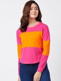 CH FASHION - G5574 Women Pink  Mustard Yellow Colourblocked Round Neck Slim Fit T-shirt