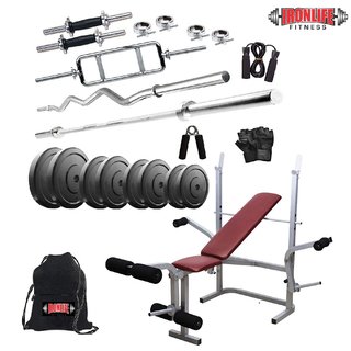 Ironlife Fitness Rubber 80 Kg Home Gym Set with 3 Ft Curl 5 Ft Plain Rod and One Pair DRods Comes with 5 in 1 Bench