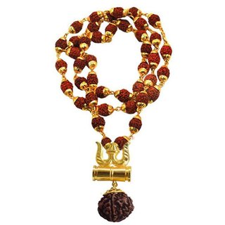                       Loard Shiv Trishul Damru Gold Color Locket With Puchmukhi Rudraksha Mala Pendant Necklace                                              