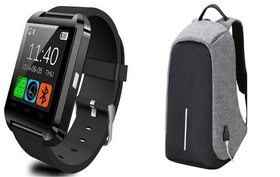 Bushwick Combo Of U10 Bluetooth Android  IOS, Smartwatch With Grey USB Nylon Laptop Bag.
