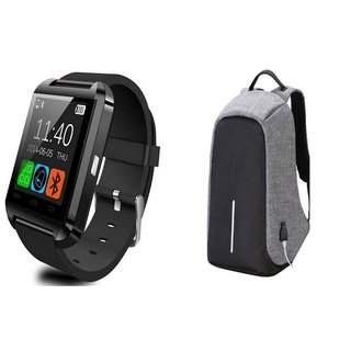 Bushwick Combo Of U10 Bluetooth Android  IOS, Smartwatch With Grey USB Nylon Laptop Bag.