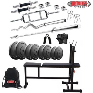 Ironlife Fitness Rubber 60 Kg Home Gym Set with 3 Ft Curl 5 Ft Plain Rod and One Pair DRods Comes with 3 in 1 Bench