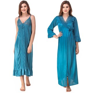 Romaisa Women's Satin Nighty with Robe Set of 2 pcs (Free Size) (Blue Color)