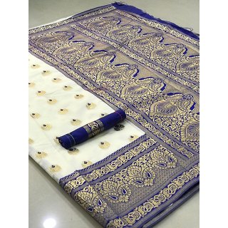 Blue White Kolkotta Soft Silk Saree With Blouse