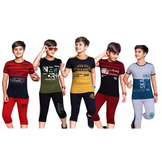 Kavin's 3/4th Pant with Half-Sleeve Tees for Kids, Pack of 5, Unisex, Multicolored-Jasper