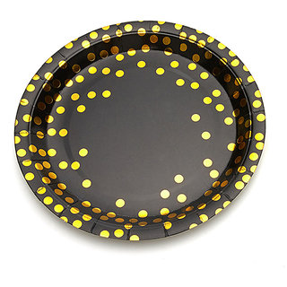 Hippity Hop Black And Gold Foil Polka Dot Disposable Paper Plates Dinnerware Plates For Party(Black) (Pack Of 10)