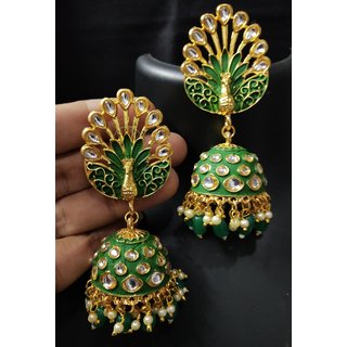 Royal Peacock Emerald Green Meenakari Kundan Jhumki Earrings Set Royal Peacock Emerald Green Meenakari Kundan Jhumki Earrings Set