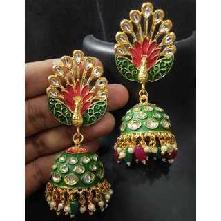                       Royal Peacock Red Emerald Green Meenakari Kundan Jhumki Earrings Set                                              
