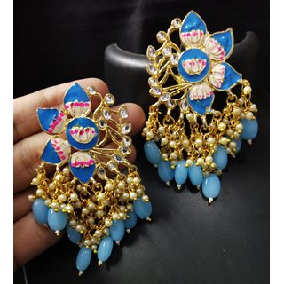                       Blue Pink Hanging Laheriya Meenakari Earrings Set                                              