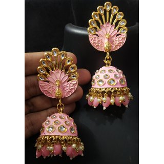                       Royal Peacock Lovely Pink Meenakari Kundan Jhumki Earrings Set                                              