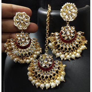 Red Meenakari Chandbali Earrings Tikka Set. Red Meenakari Chandbali Earrings Tikka Set.