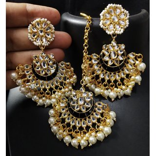                       Black Meenakari Chandbali Earrings Tikka Set                                              