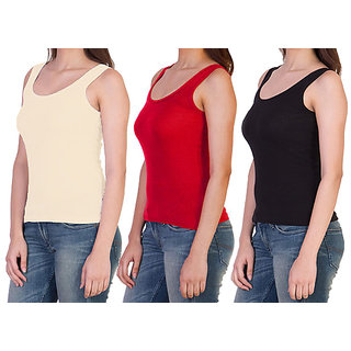 eDESIRE Women Cotton Stretchable Tank Top Camisole Slip Spaghetti Top - Combo Pack of 3, Free Size (28 To 36 Inch)