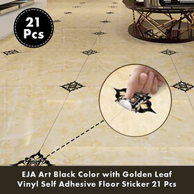 Eja Art Black Color With Golden Leaf Self Adhesive Vinyl Floor Sticker (20 Pcs)