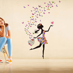 Eja Art Vinyl Multicolor Wall Stickers Dreamy Girl With Flying Colorful Butterflies (100 X 70)