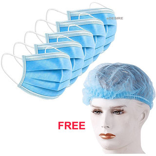                       3 Ply Ear Loop Medical Surgical Dust Face Mask With FREE 5 Pieces Disposable Bouffant Head Cap - Surgical Mask Pack of 5                                              