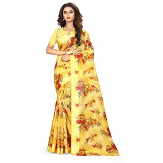                       Sharda Creation Yellow Satin Silk Printed With Blouse Saree                                              