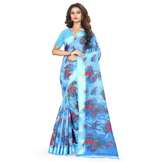                       Sharda Creation Blue Satin Silk Printed With Blouse Saree                                              