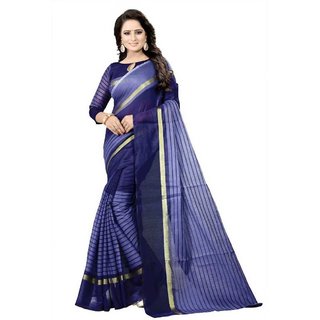                       Sharda Creation Blue Striped Print Polycotton  Without Blouse Saree                                              