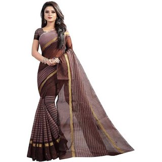                       Sharda Creation Brown Striped Print Polycotton  Without Blouse Saree                                              