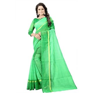                       Sharda Creation Green Striped Print Polycotton  Without Blouse Saree                                              