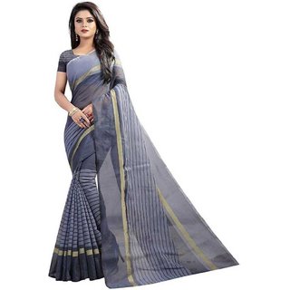                       Sharda Creation Grey Striped Print Polycotton  Without Blouse Saree                                              