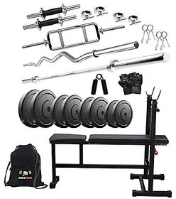 Sporto Fitness Rubber 90 Kg Home Gym Set With One 3 Ft Curl+ One 5 Ft Plain Rod And One Pair Dumbbell Rods Comes With 3 In 1 Bench