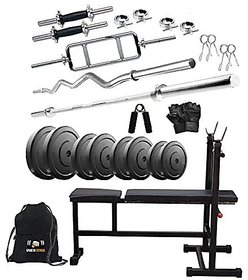 Sporto Fitness Rubber 60 Kg Home Gym Set With One 3 Ft Curl+ One 5 Ft Plain Rod And One Pair Dumbbell Rods Comes With 3 In 1 Bench