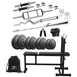 Sporto Fitness Rubber 90 Kg Home Gym Set With One 3 Ft Curl+ One 5 Ft Plain Rod And One Pair Dumbbell Rods Comes With 3 In 1 Bench