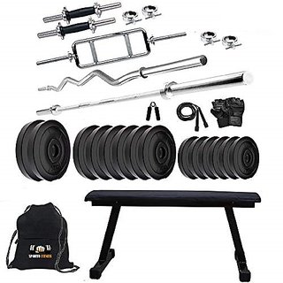 Sporto Fitness Pvc 40 Kg Home Gym Set With One 3 Ft Curl+ One 5 Ft Plain Rod And One Pair Dumbbell Rods Comes With Flate Bench