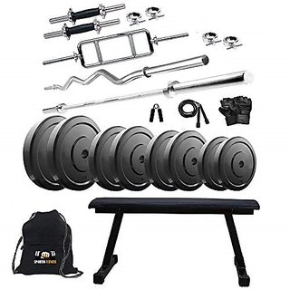 Sporto Fitness Rubber 20 Kg Home Gym Set With One 3 Ft Curl+ One 5 Ft Plain Rod And One Pair Dumbbell Rods Comes With Flate Bench