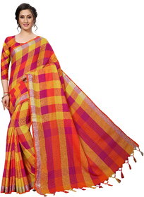Rumon Checkered Daily Wear Handloom Cotton Linen Blend Saree (Magenta)