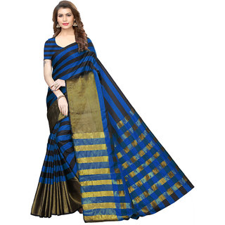 Rumon Striped Handloom Handloom Cotton Silk Saree (Blue)